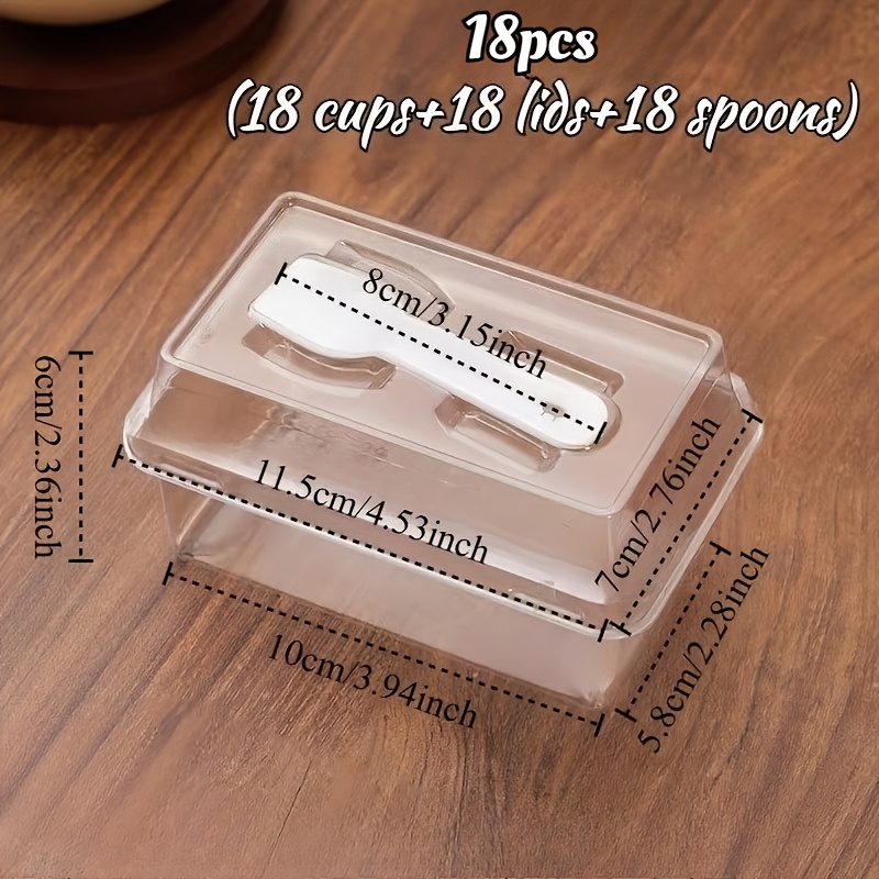 TEMU Boîte à gâteau rectangulaire 18 pièces (18 tasses, 18 couvercles et 18 cuillères), boîte à pâtisserie, pour contenir du tiramisu, de la mousse,
