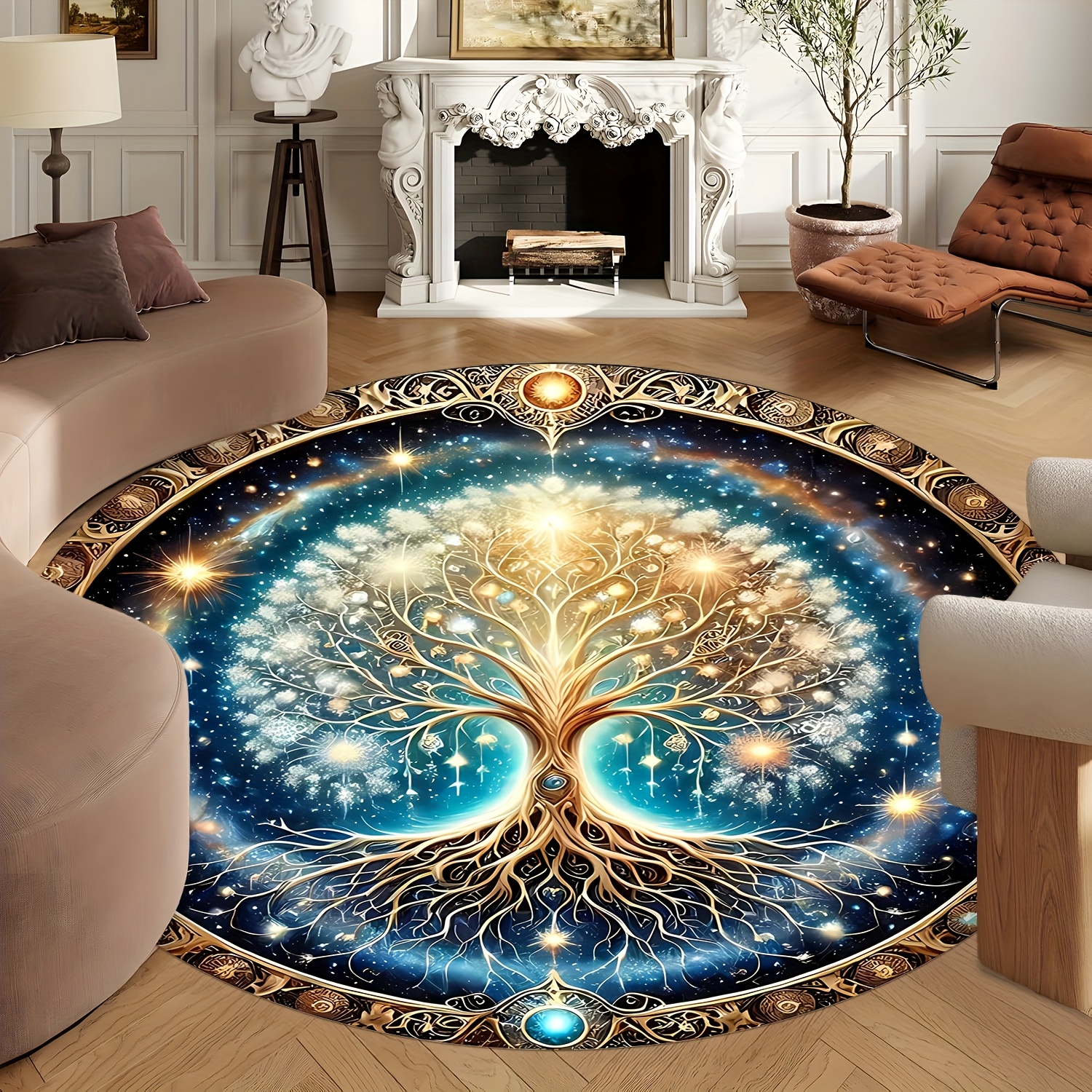 TEMU 1pc, Patterned Round Area Rug - Washable, Suitable For Living Room, Coffee Table, Bedroom, Entryway Doormat, And Dining Room, Round Decoration