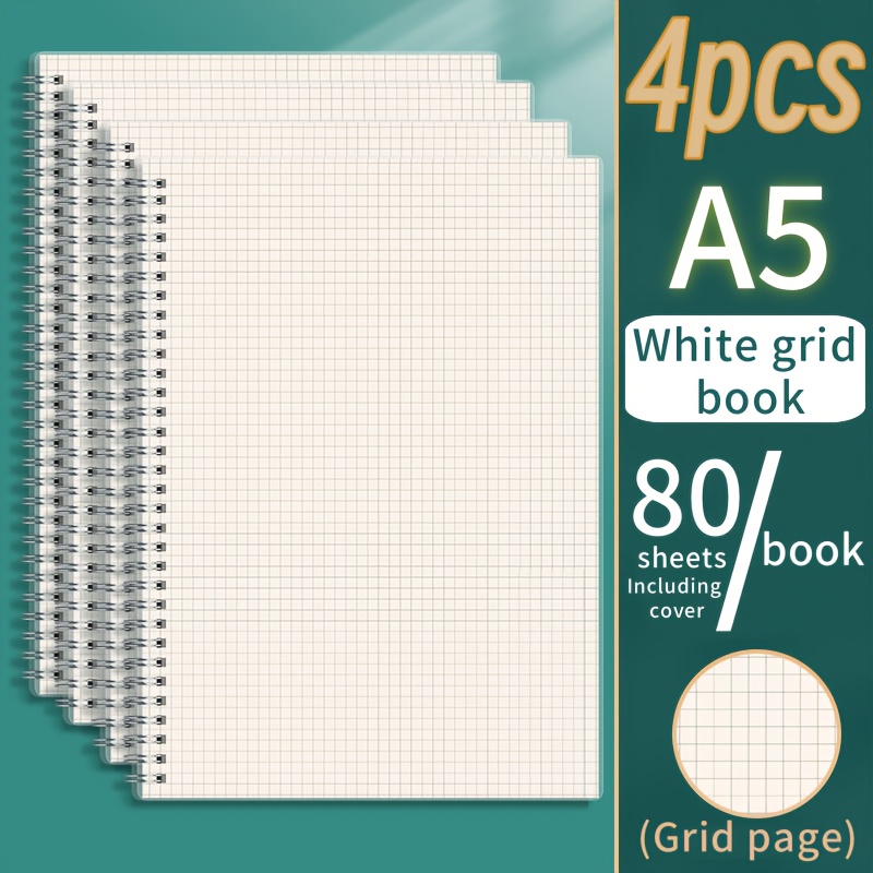 TEMU Lot de 4 carnets A5 à spirale à grille avec couvertures souples - Papier lisse et épais pour , les et le | Fournitures de bureau polyvalentes et