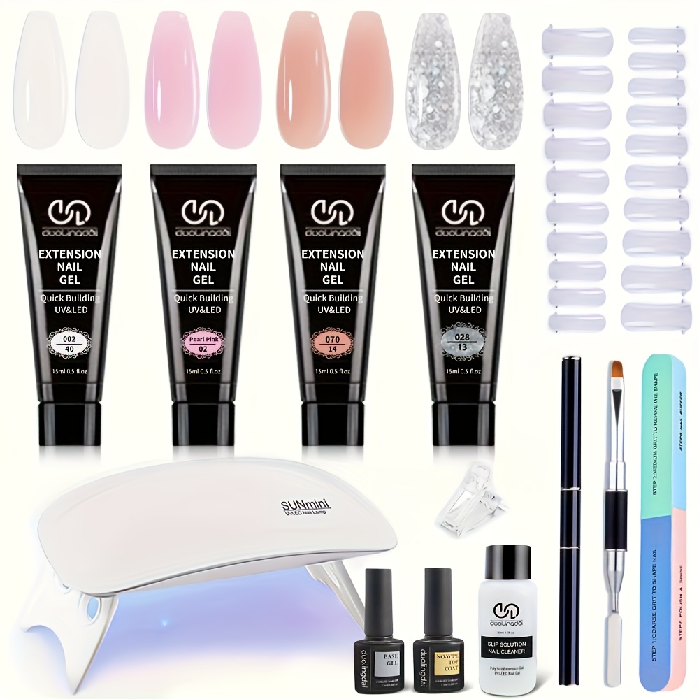 TEMU 4-color Poly Nail Gel Starter Kit, Transparent Pink Glitter, Comes With Mini Nail Lamp, , And Complete Manicure Tools, All Season , Beginner