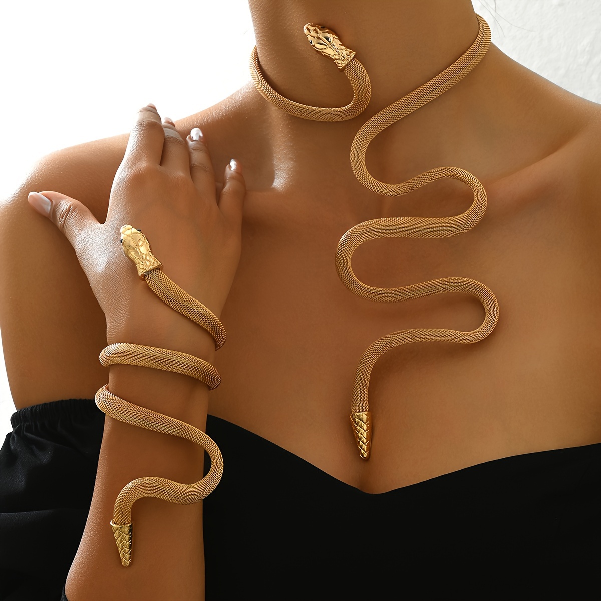 

Hip-hop Punk Style 2pcs Set: Exaggerated Snake Wrap Bracelet And Necklace With Rhinestones, Iron Material For Daily/party Wear - All , Autumn Winter, Creative