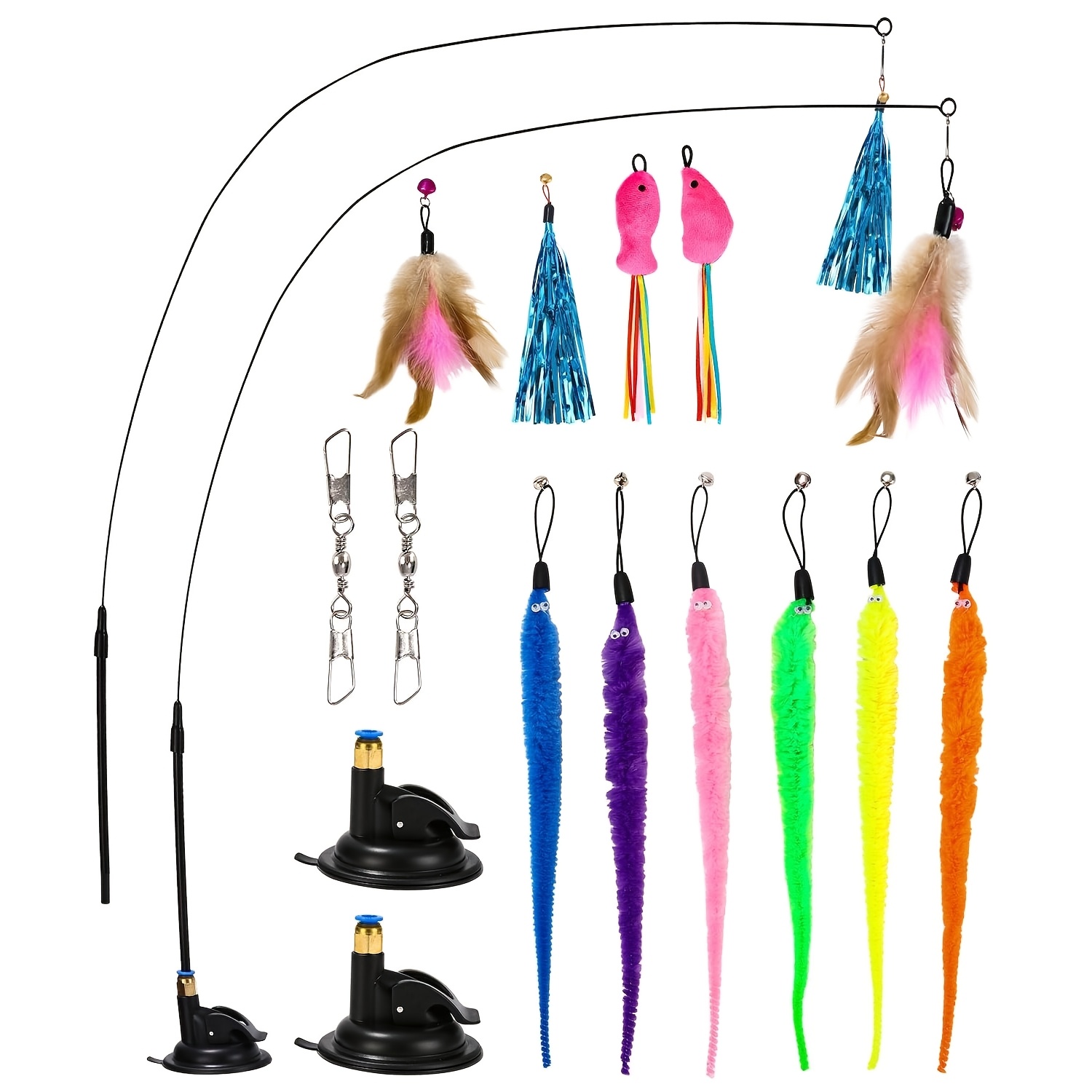 Image of 16pcs Cat Toy Set, 2pcs Telescoping Rods, 14pcs Feather Replacement Heads, Self- Toys, Cat Teaser Set, Without Battery