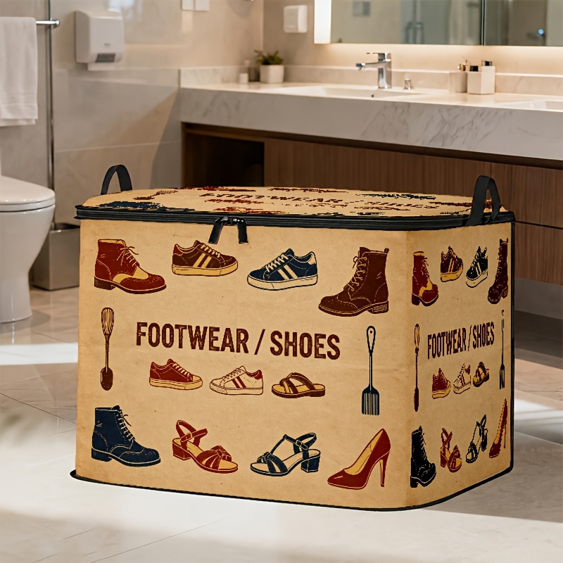 TEMU Retro American Footwear-themed Storage Box - Classic Sneakers And High Heels Print Design, -tan Nostalgic Style, Suitable For , Closet Storage,