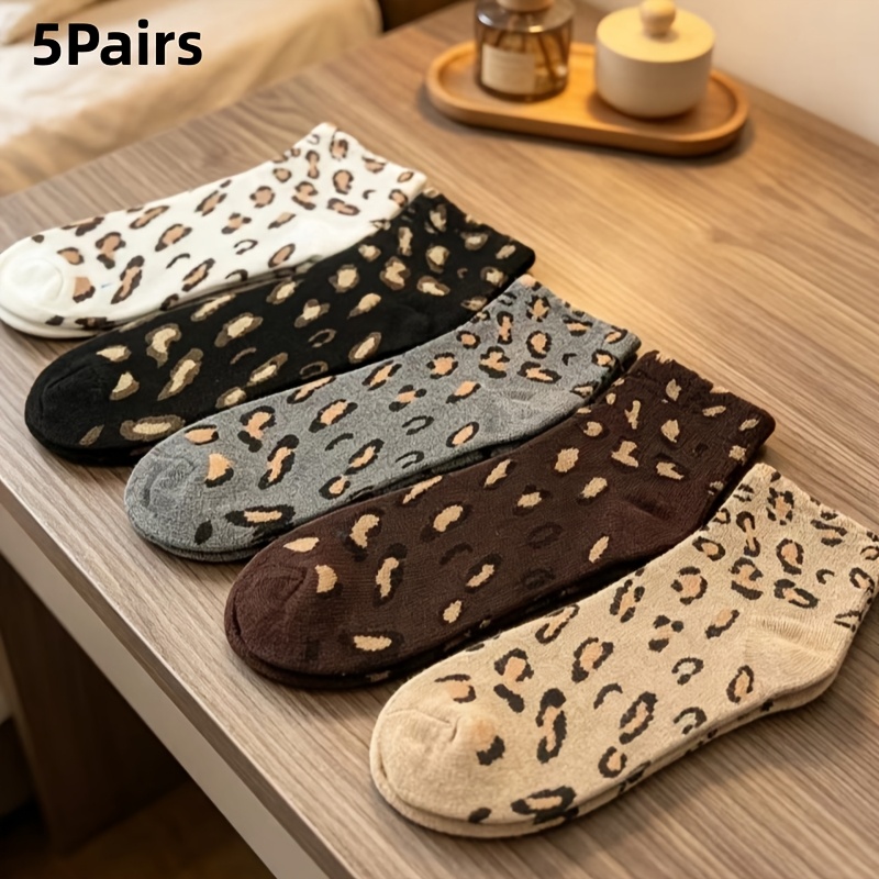 TEMU 5-pair Women's Mid-calf Socks - Leopard Print & Polka Dot Patterns, Japanese/korean College Style Suitable For Daily Wear, Spring Summer