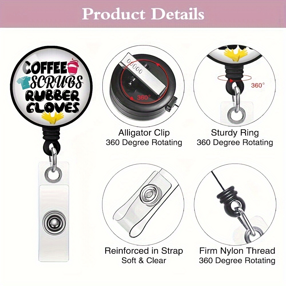 Coffee Scrubs & Rubber Gloves Badge Reel 360 Alligator Clip