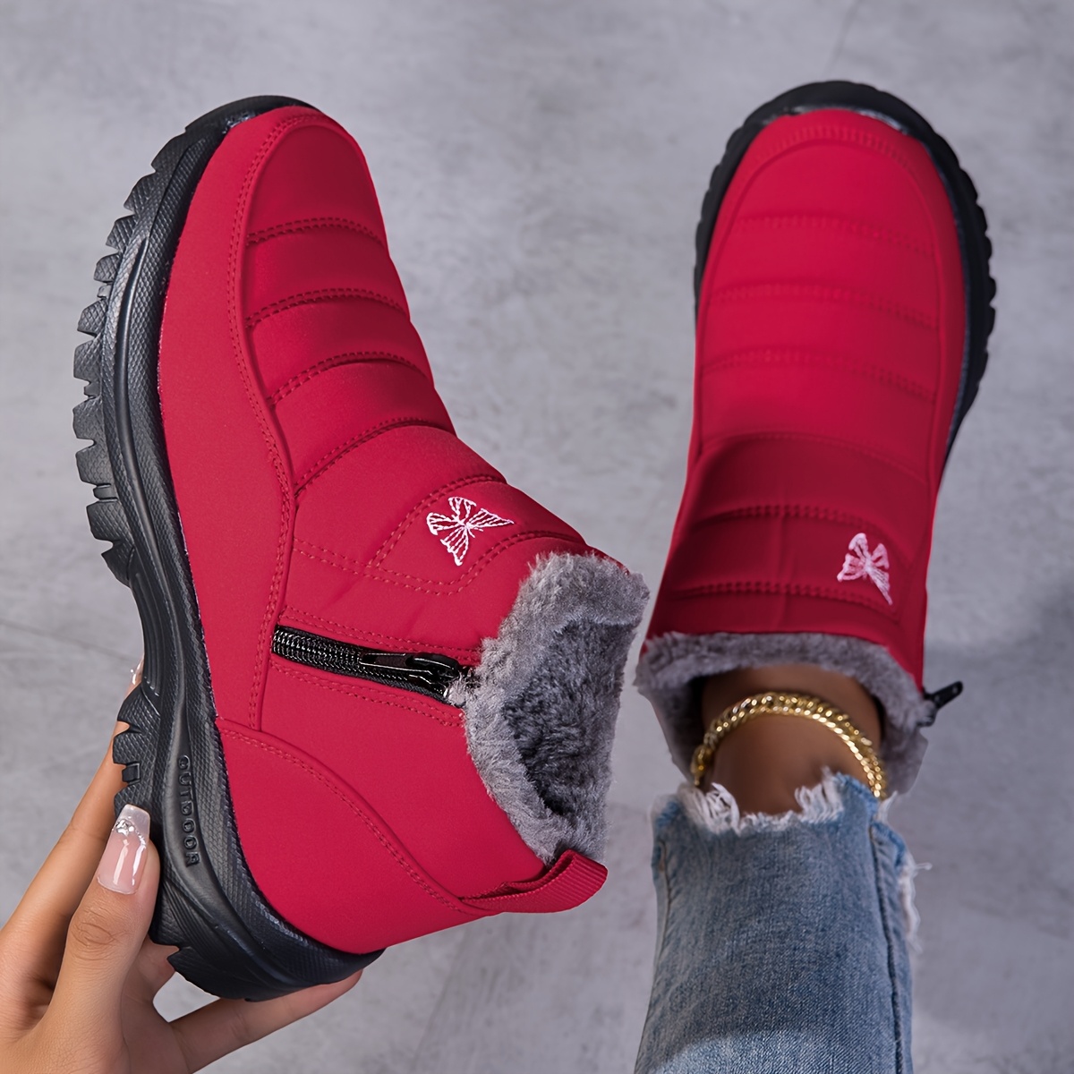 Women's Short Zip-Up Snow Boots with Embroidery