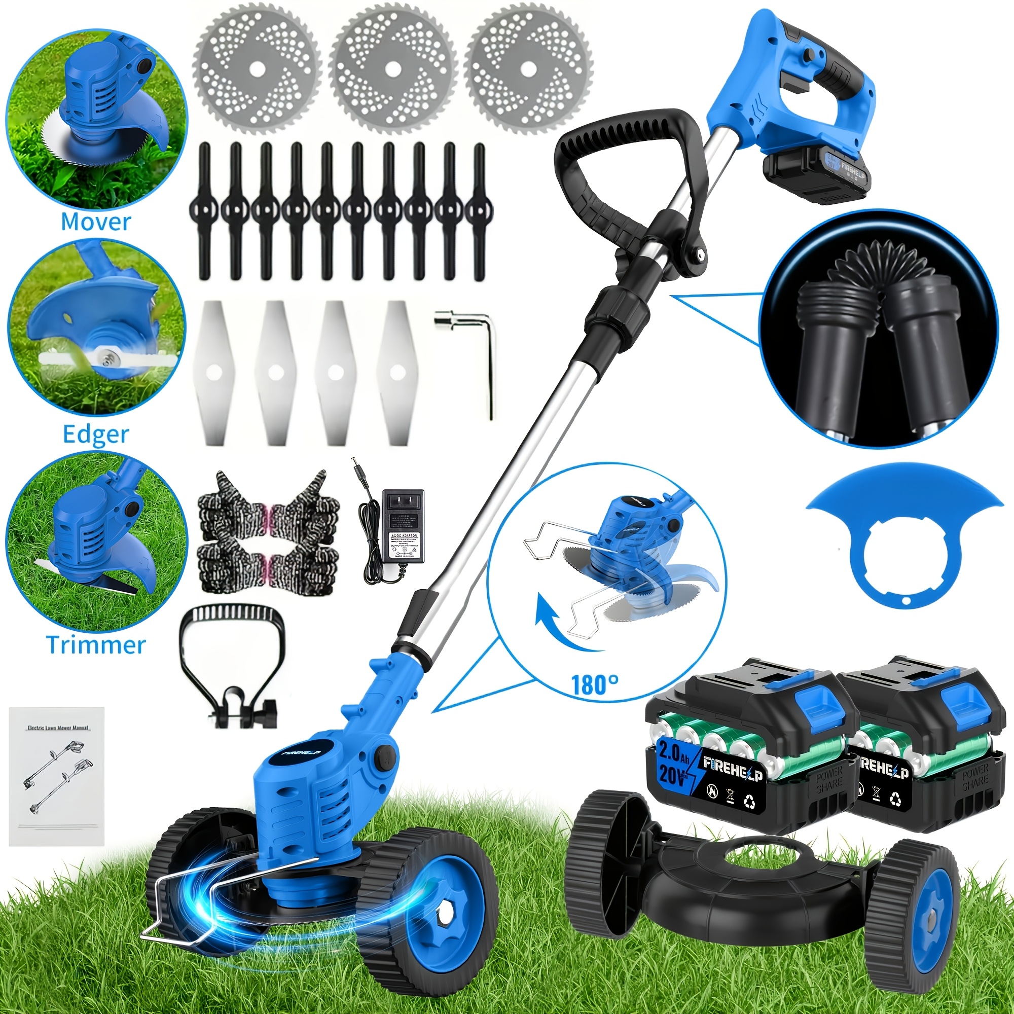 portable cordless electric lawnmower for home use garden weeder cordless trimmer   with 3 blade types and 1 2 high capacity lithium batteries providing powerful performance for lawns gardens and patios tool discount Product details 1