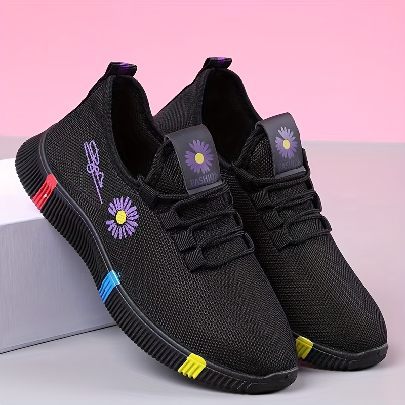 Tenis casuales bajos para mujer, negros con detalles en rojo y multicolor, parte superior y forro de tela transpirable, suela de PVC resistente, zapatos versátiles con cordones para todas las estaciones, diseño elegante
