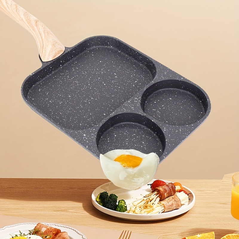 aluminum non stick 3 in 1 frying pan for eggs and pancakes compatible with gas and induction stoves multi section   with   wood handle hand wash only breakfast pan details 0