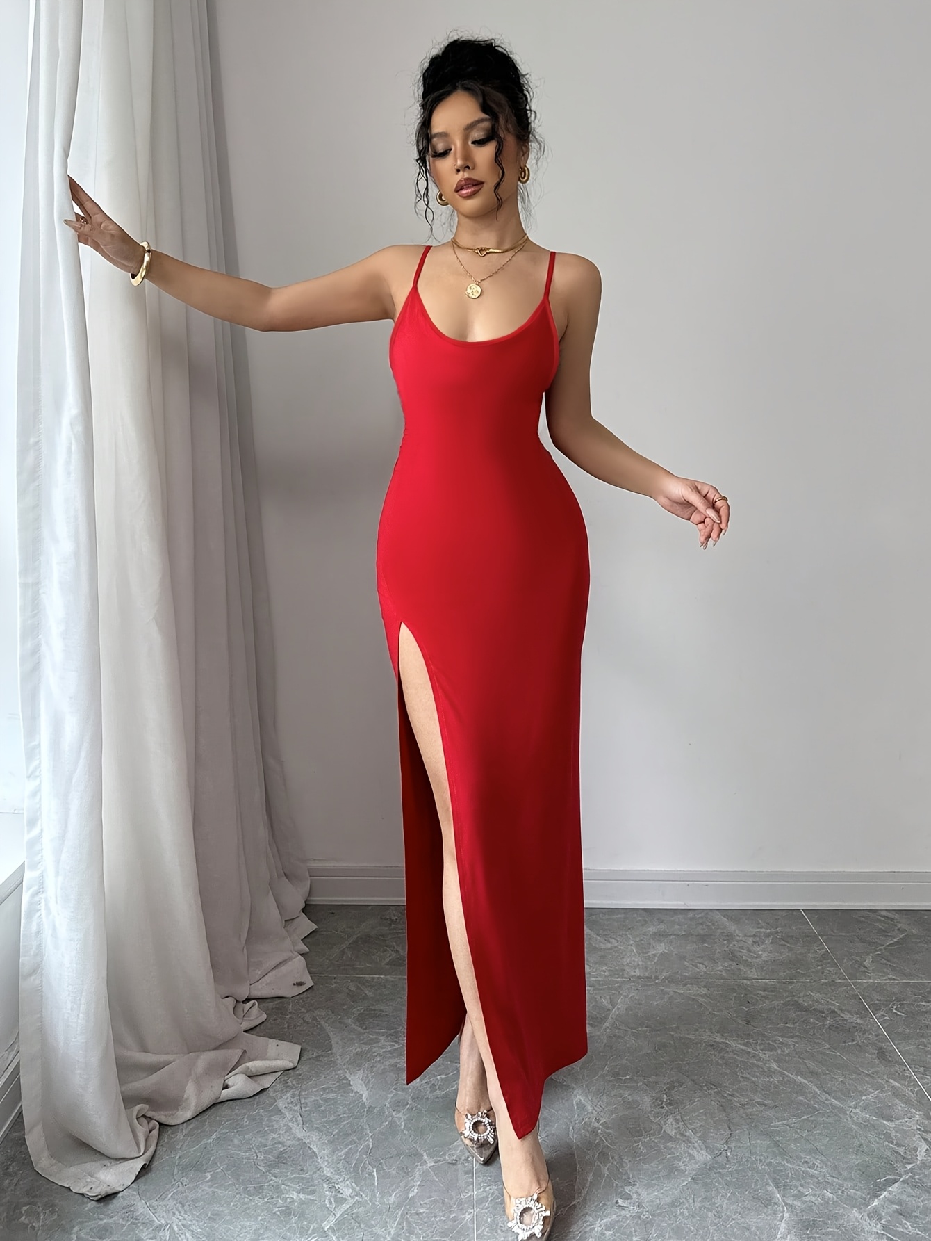 slim fit dress slacks Ladivine CD983 Size 14 Red Long Fitted Satin Strapless Puff Sleeve Formal Dress Bridesmaid Evening Gown main image 0