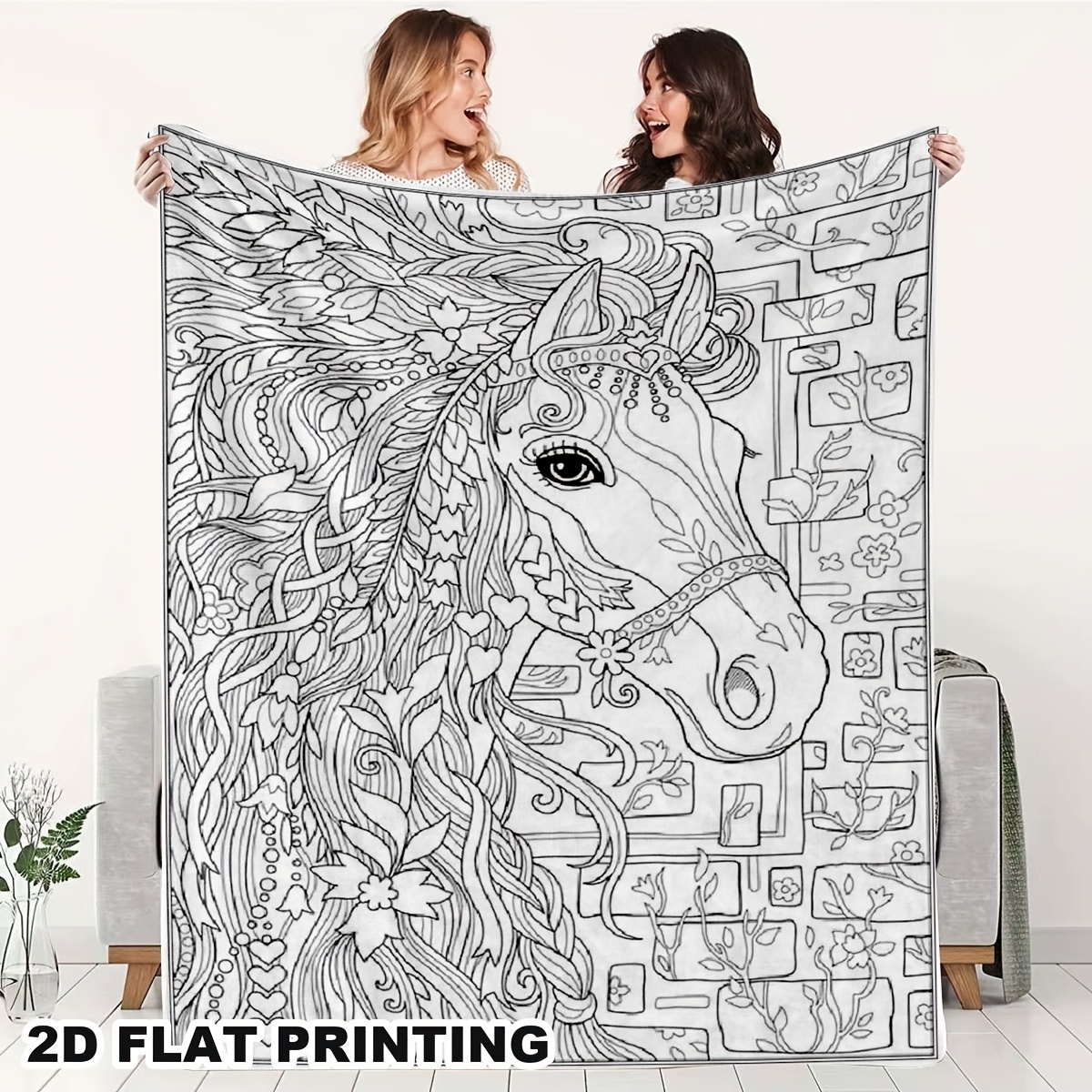 TEMU 2d Flat Adult Coloring Style Flannel Blanket, Art Horse And Floral Pattern, Black And Scheme, Diy Colorable Throw Blanket, Home Sofa And Bedroom