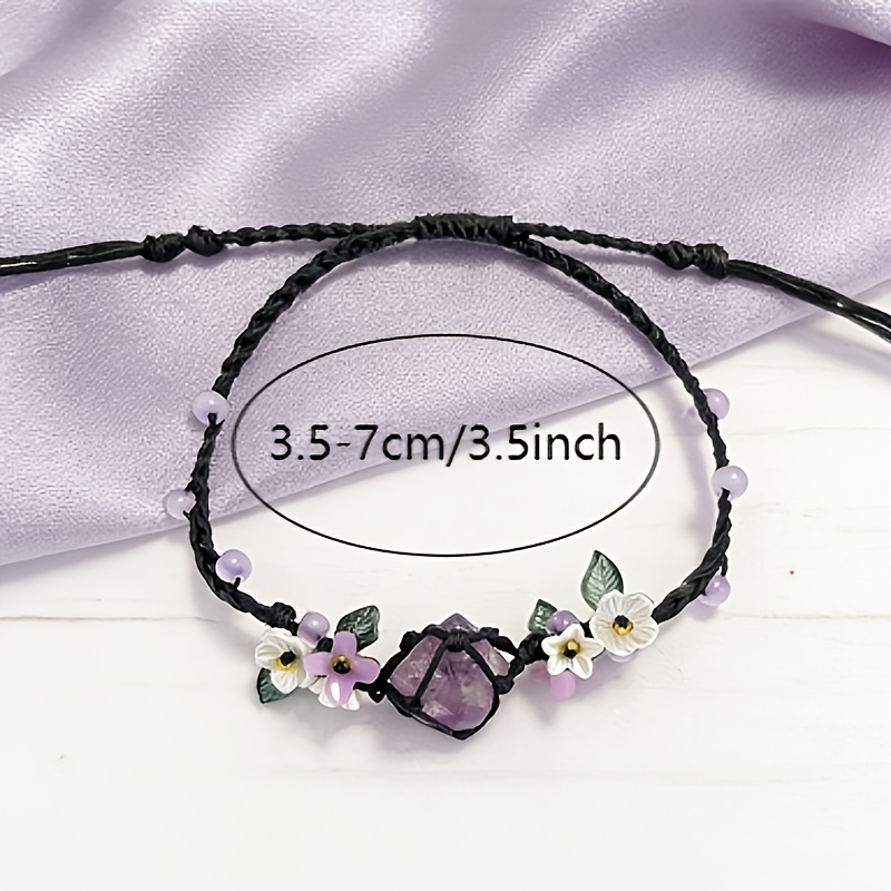 E-shop handgewebter Schmuck im Bohème-Stil mit Kristall und Blumenanhänger | Verstellbare geflochtene Schnur, Naturstein-Schmuck für Damen |