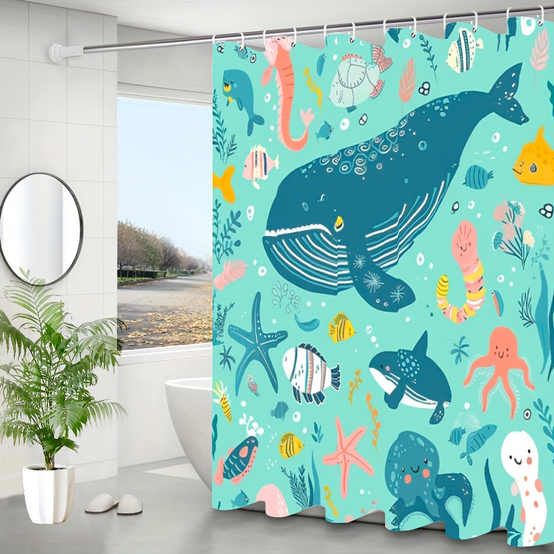 1pc Blue Sea Fish Pattern Shower Curtain Polyester Printing - Temu