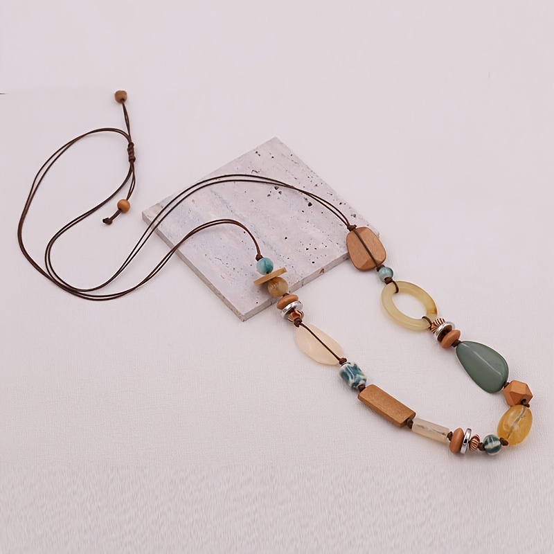 Handmade Long Ceramic Bead Necklace, Bohemian Vintage Style