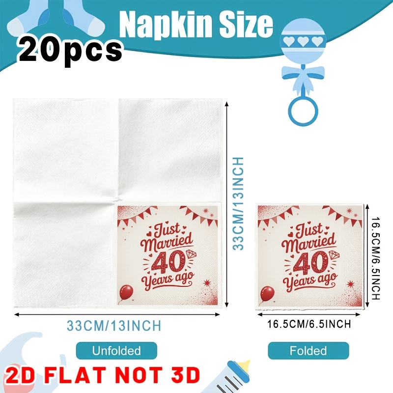 TEMU 2d Flat 20pcs, Red Diamond 40th Wedding Anniversary Napkin Patterned Tissue Paper Guest Hand Towels Decorative Paper, Spring Summer Picnic,