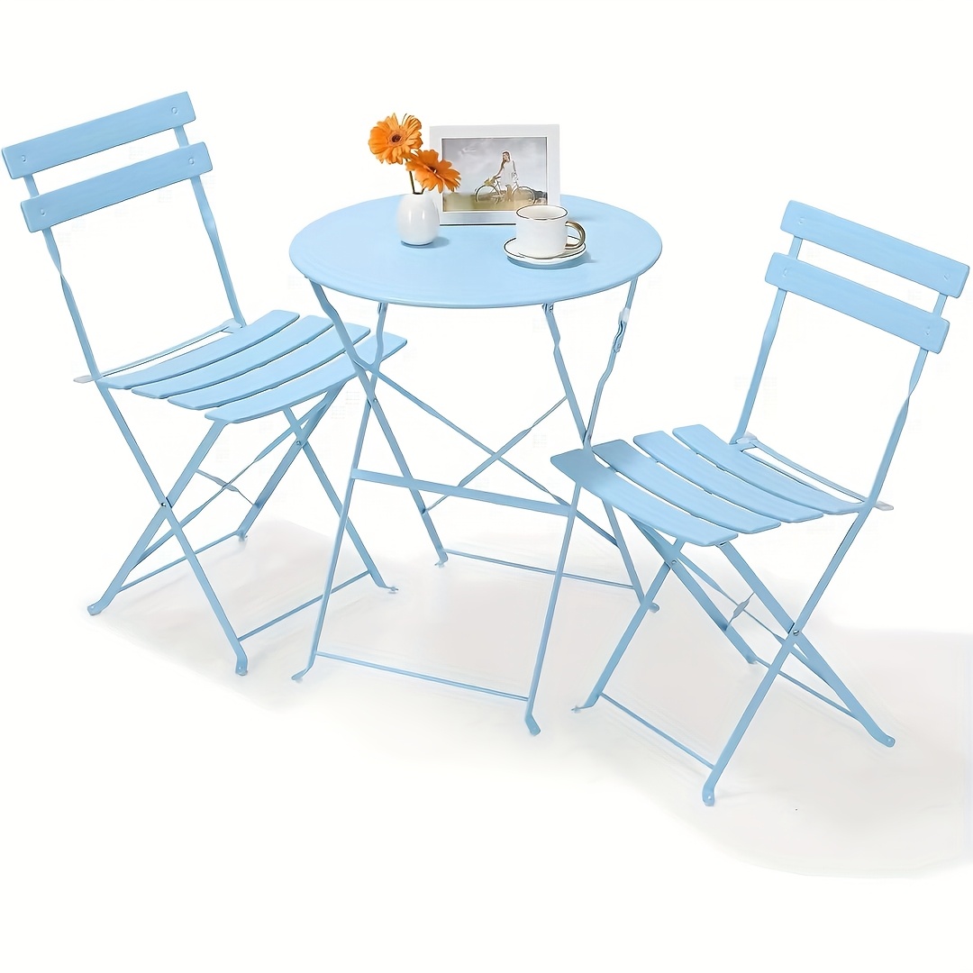 Image of 3pcs Folding Bistro Set, For The Patio, Metal Balcony Furniture Set For Small , Garden Furniture Set, 1 Folding Table With 2 Folding Chairs, Outdoor Seating Set For Patio, Garden