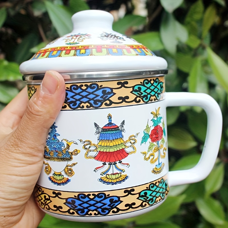 TEMU Exotic Style Enamel Cup, Iron Tea Jar, 8 Precious Flowers