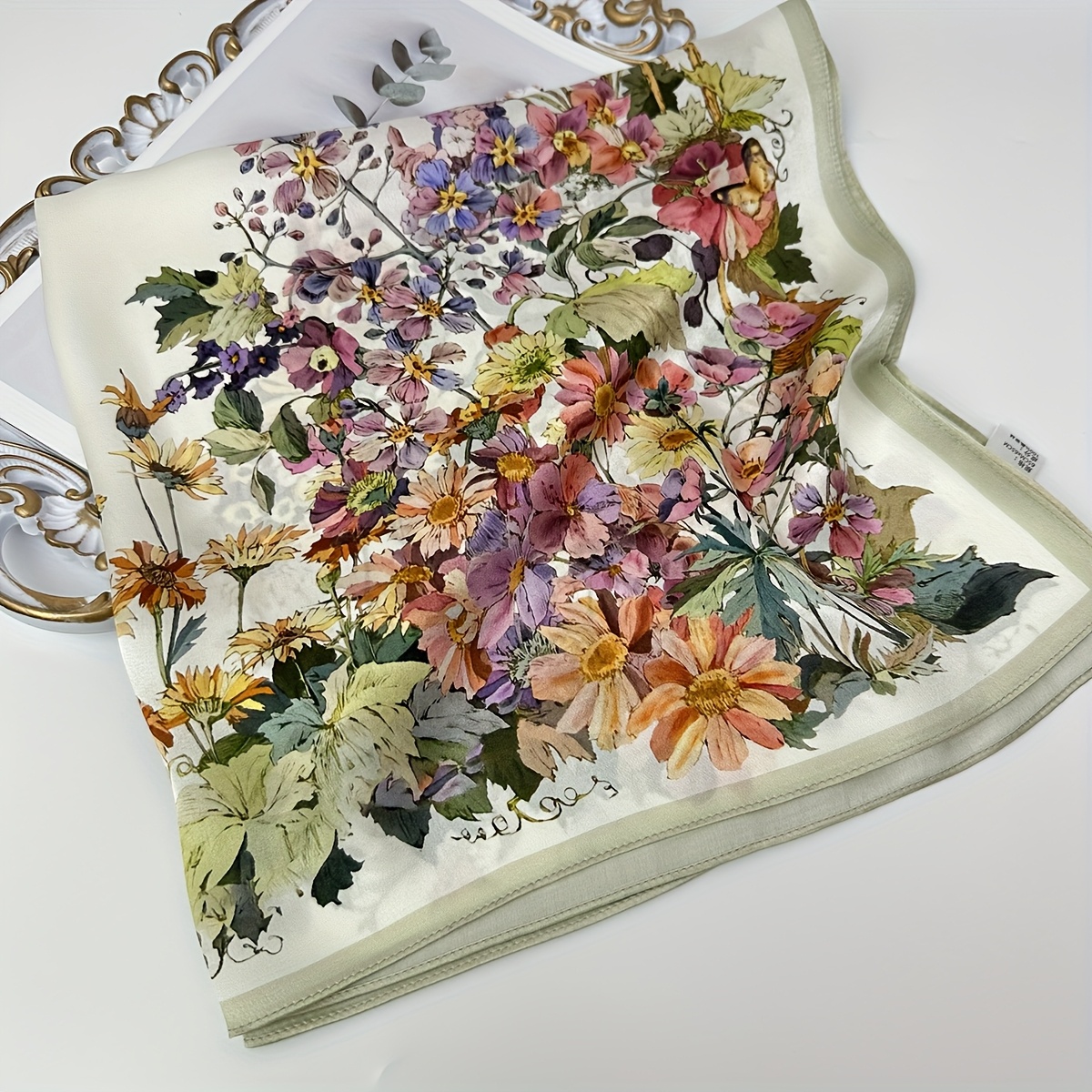 Women's Elegant Floral Print 100% Mulberry Silk Scarf - Soft Breathable Lightweight Non-Stretch Neck Wrap for Spring Summer Casual Outings, Versatile Fashion Accessory, Silk Scarf for Hair