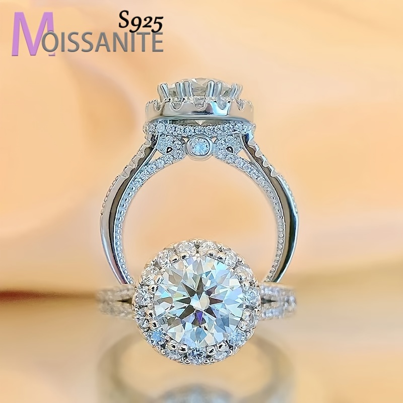 

925 2 Moissanite Engagement , - Round Setting, & Halo For Women, Suitable For Proposals, Weddings, Parties Jewelry, Box