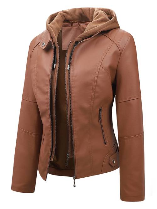 womens black hooded pu leather jacket fit motorcycle style coat for fall winter casual windproof outerwear with removable hood