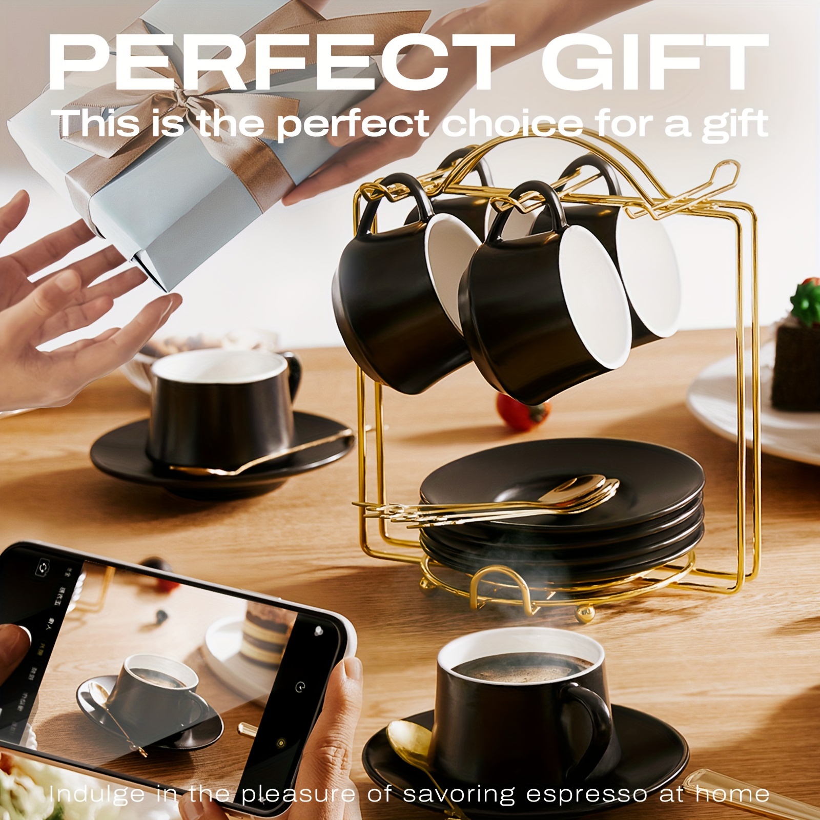 espresso cups with saucers spoons and metal stand small 4 oz ceramic cappuccino coffee cups set of 6 cute demitasse cups with handle for nespresso lungo cortado details 3