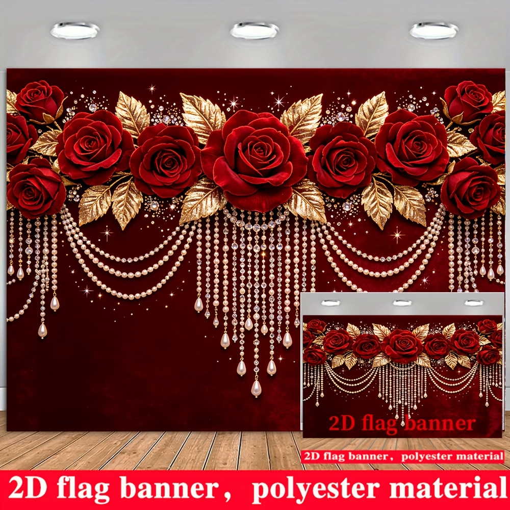 TEMU 2d Flat Banner, 2d Flat - 1pc 2d Banner Red Rose Pearl Theme Background Cloth, Burgundy Base With Luxurious Pearl String Pendant Elements, Made
