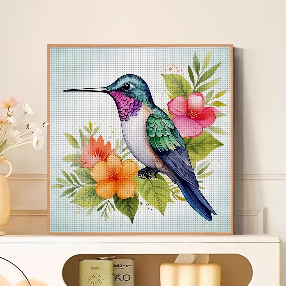 Frameless Cross-Stitch Printed Kit Colorful Feathered Bird with Flowers