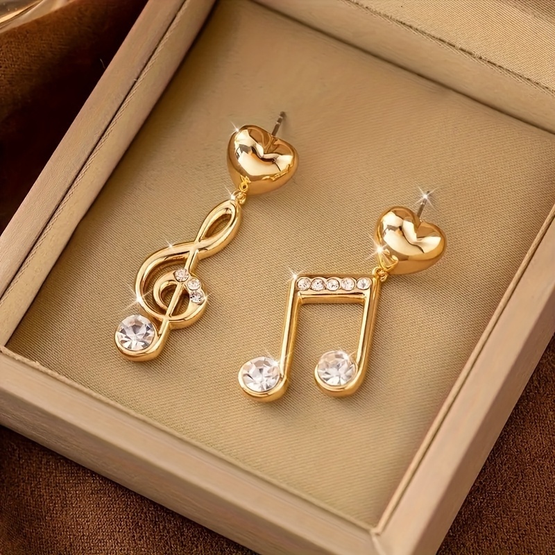 Image of 's Day Gift-golden Asymmetrical Musical Note Drop Earrings With Inlaid Rhinestones - On-trend Fashion For Music Festivals, Travel & Daily Versatile Wear