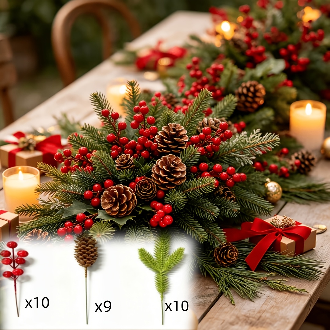 TEMU 29pcs Artificial Pine Branches/simulated Pine Cones/red Berries Mixed Bouquet, No Maintenance Required, Full And Shaped Floral Decoration,