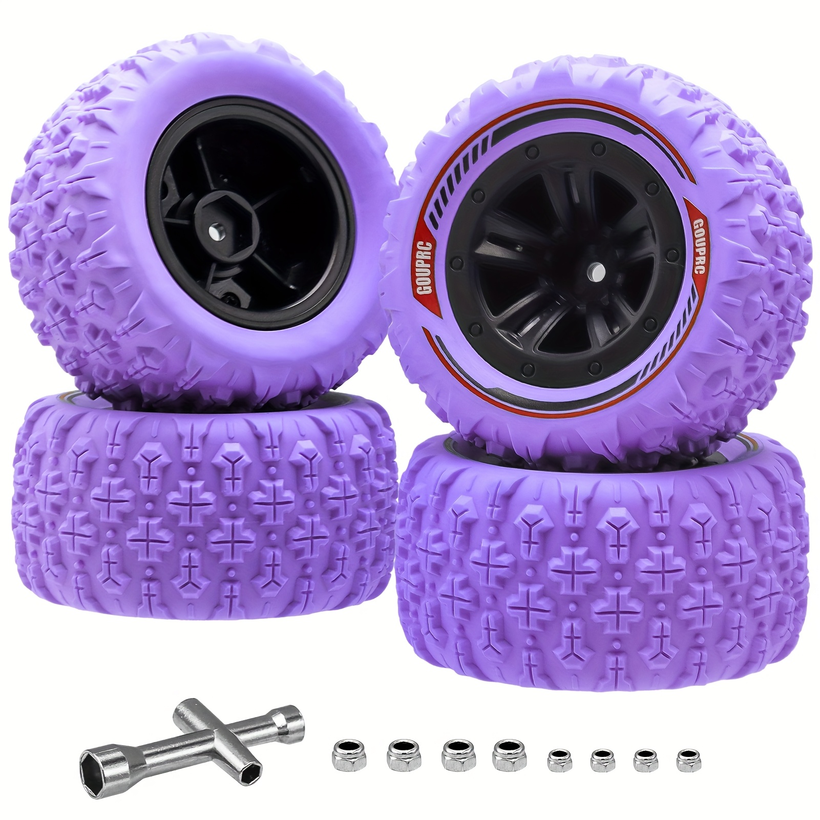 Image of Gouprc 12mm Hex Rc Wheel Tires Set, 3.26 X 1.67 Inches 4pcs Swamp Claw Mud Terrain Tires Additions For 1/14 1/16 Rc Car Crawler Buggy Truck Purple