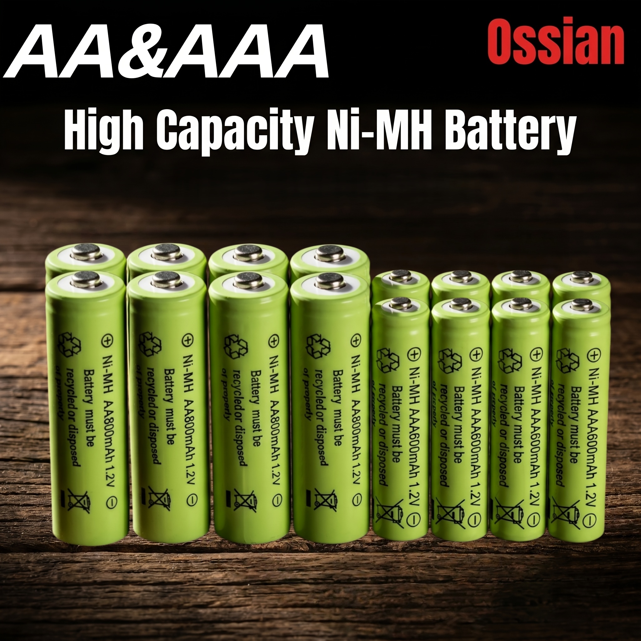 TEMU Ossian Lot de 8 piles AA + 8 piles AAA (800 mAh et 600 mAh) pour usage domestique, bloc-piles rechargeables 1,2 V AA 800 mAh et AAA 600 mAh pour