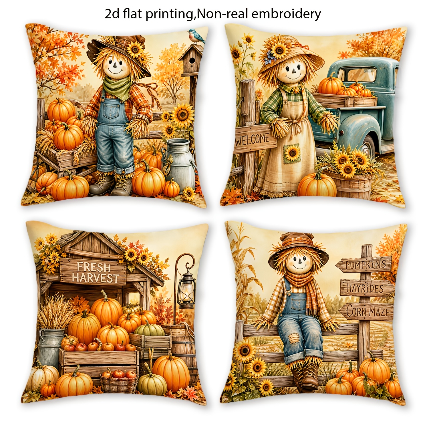 TEMU 4pcs 2d Double Sided Printed Rustic Farmhouse Thanksgiving Throw Pillow Covers, Embroidered Cushion Cases, 16x16/18x18/20x20 Inch, Fall Home