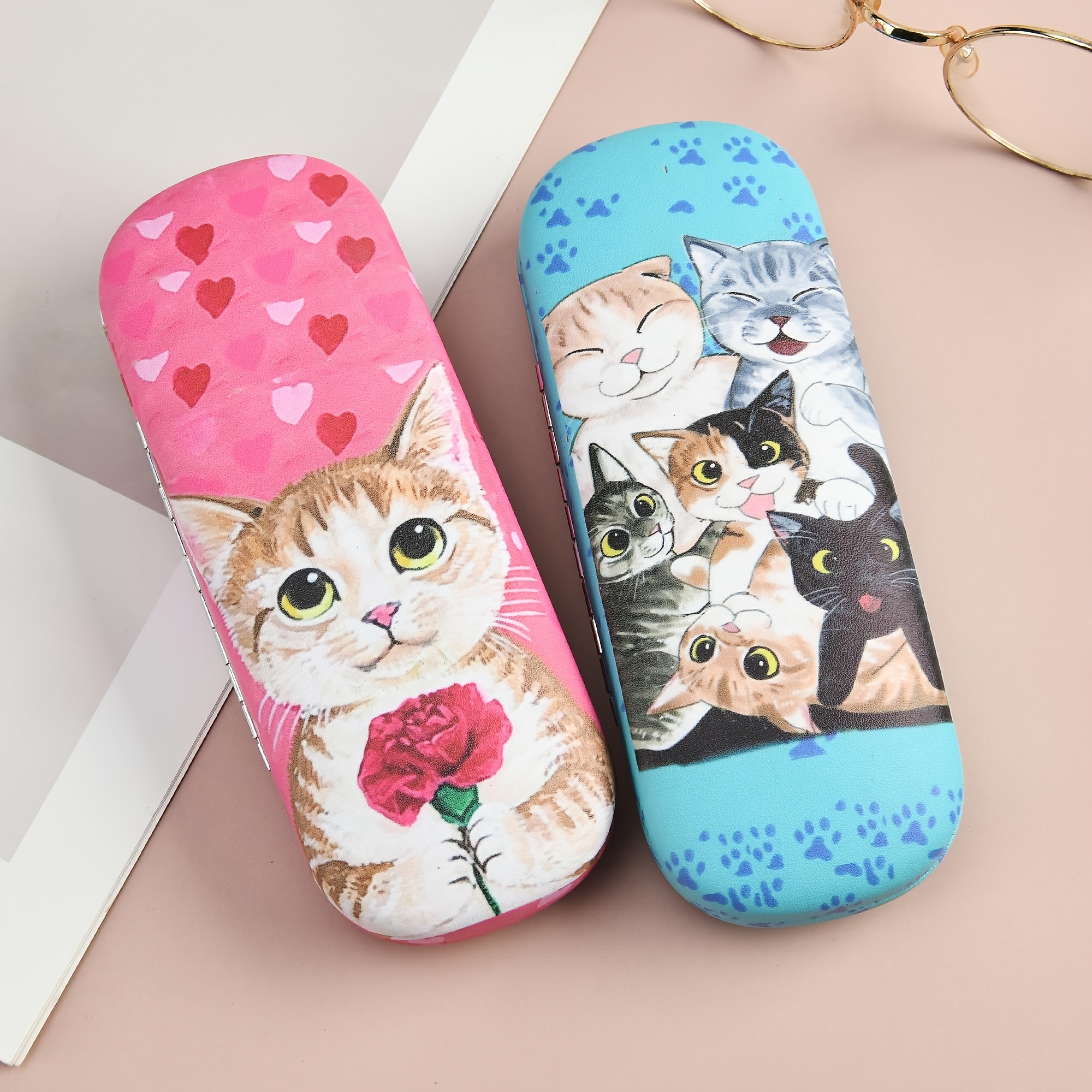 Cute Cat Print Glasses Case, Portable Storage Box