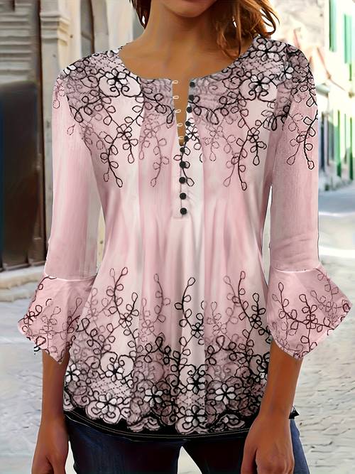 bluse mit floralem muster und knopfleiste, lässige bluse mit rüschenbesatz an den ärmeln, damenbekleidung