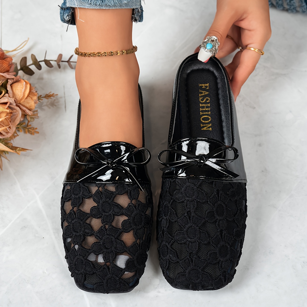 TEMU Women's Floral Lace Mesh Breathable Flat Shoes, Elegant Bow Detail Fashion Comfortable Slip-on Versatile Casual Evening Party Vacation Flat