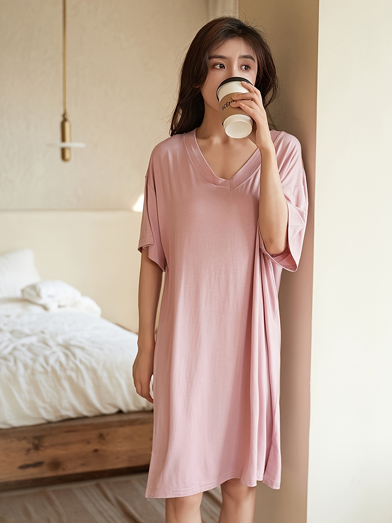 womens v neck modal night dress summer short sleeve - Temu United Arab  Emirates