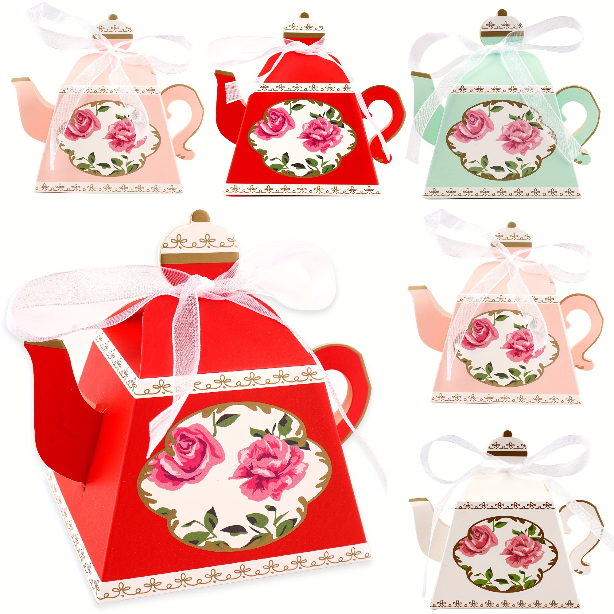 

10pcs Floral Teapot Paper Candy Gift Boxes With Ribbons - Universal Holiday Wedding Favors, Party Decorations, Birthday Treat Bags