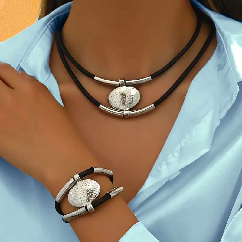 2pcs Bohemian Style Vintage Oval Pendant Necklace And Bracelet All-match Women's Set