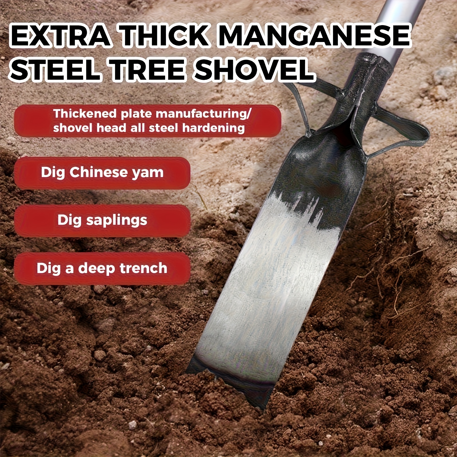 non electric manual digging shovel heavy duty   steel thickened blade   hardened edge solid wood handle welded   suitable for root breaking soil loosening agricultural farm tree planting and transplanting tools details 1
