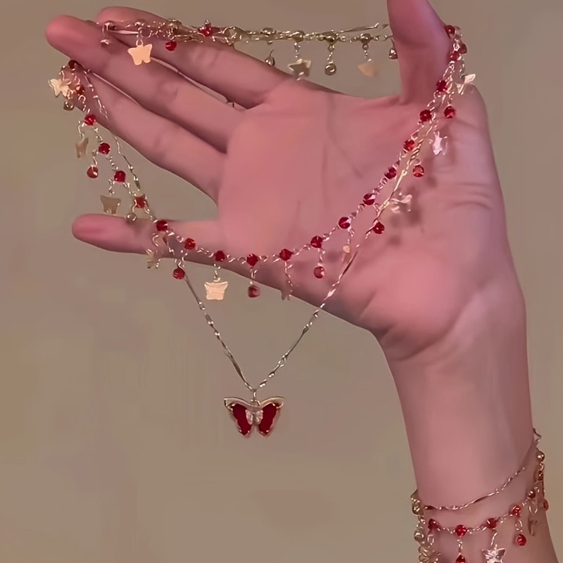 1 Juego de Collar y Pulsera de Mariposa de Capas con Encanto Elegante, Estilo Sexy, Adornos de Diamantes de Imitación, Aleación de Zinc, con Plata, para Uso Diario y Regalos Especiales.