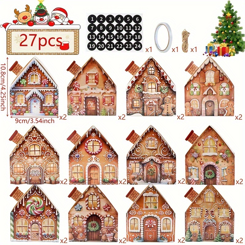 

27pcs Christmas Gift Box Set With Chimney Design, Double-sided Tape & Hemp Rope - Candy & Snack Packaging, Festive Home Decor, Christmas Decor