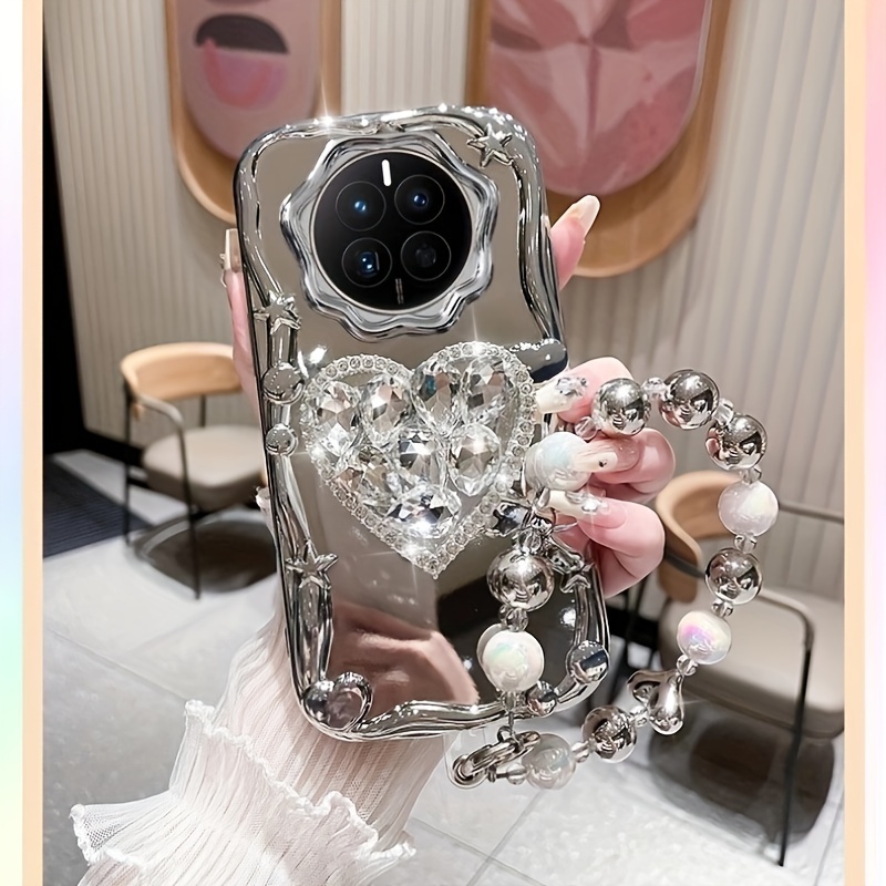 One Set Rhinestones Sparkling Heart-shaped Bracket for iPhone Electroplated Silver New Bracelet Phone Rope Phone Case Set