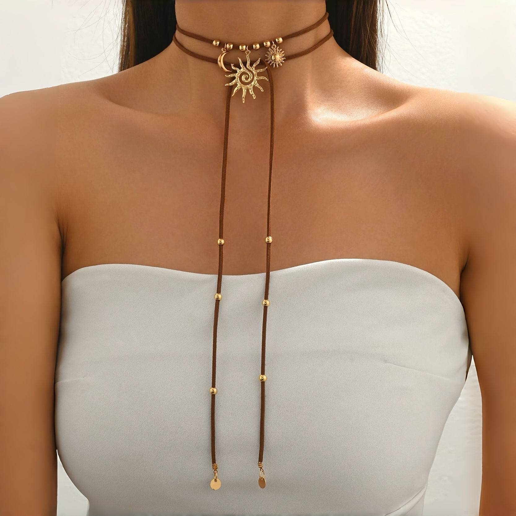TEMU Collar gargantilla largo de 1 pieza de aleación CCB a , cadena para suéter de cordones ajustable con colgante de sol y luna de personalidad
