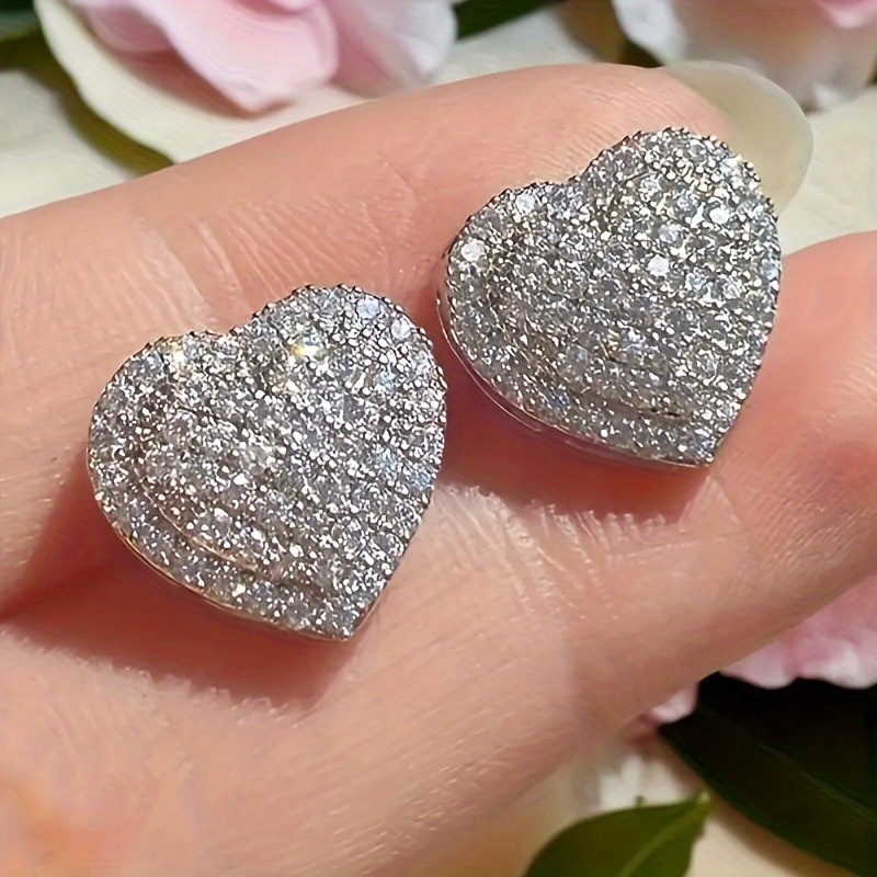 

1pair Sparkling Heart-shaped Cubic Zirconia Stud Earrings For Women, Valentine's Day Gifts,