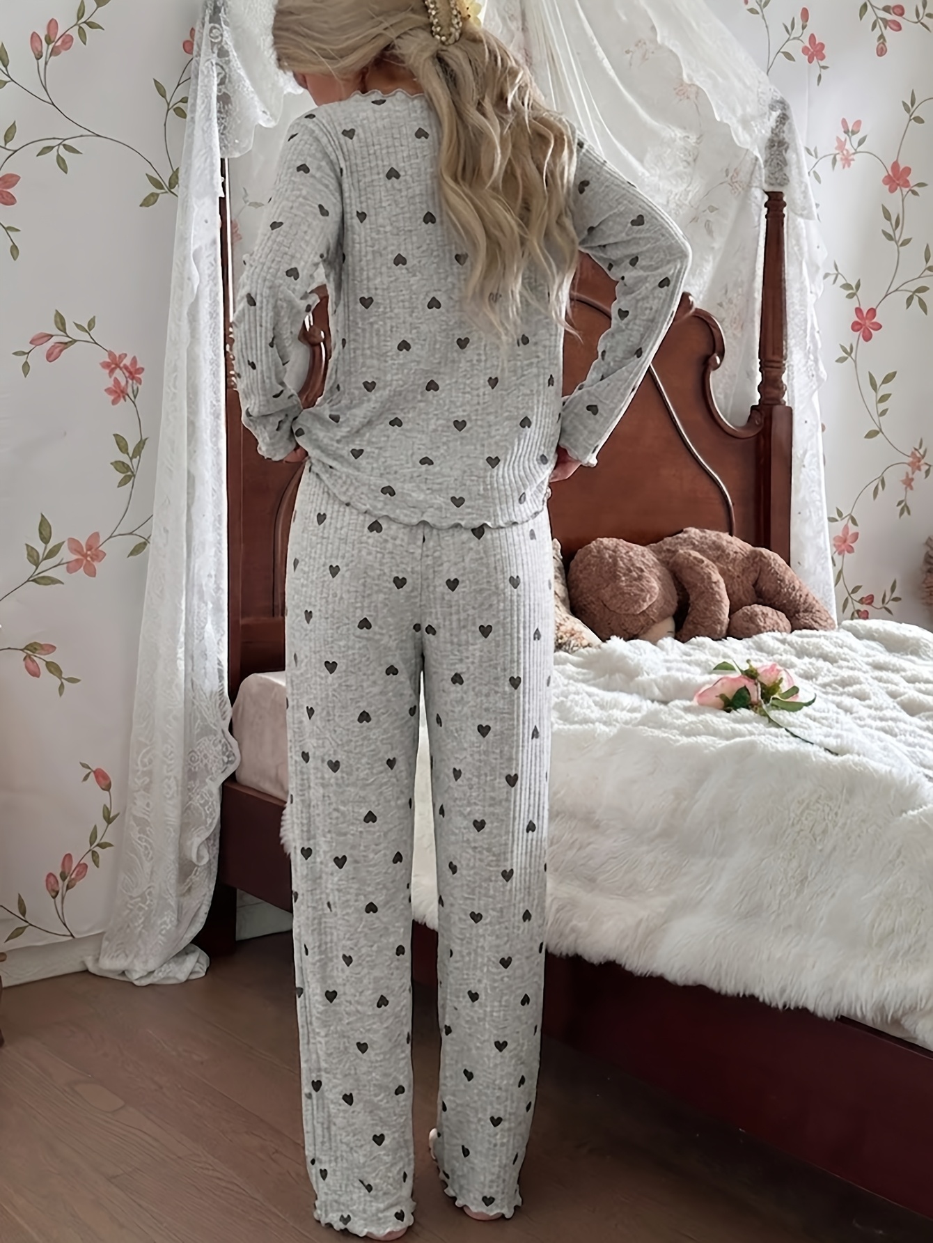 høst vinter varme dame 2-  ribbestryktesett, trendy hjerteformet langermet   med rund hals, elastisk midje   loungebukser, valentinsdag nyttårsgave matchende bestemor hjemme nattøy