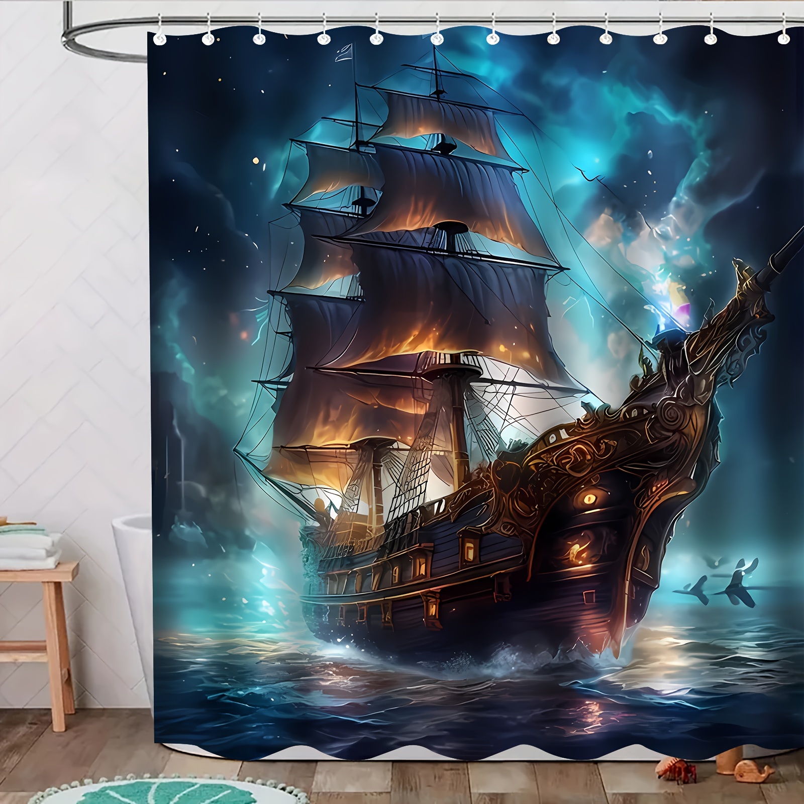 

1pc Nautical Pirate Ship Shower Curtain, 72x72 Inches, Waterproof Polyester Fabric With 12 Hooks, Machine Washable, Bathroom Curtain, Ocean Adventure Bath Decor