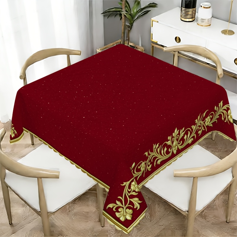 TEMU 1pc, Classic Golden-trimmed Burgundy Velvet Tablecloth And Chair Cover Decorative Fabric, Suitable For Dining Tables | Coffee Tables | Desks |