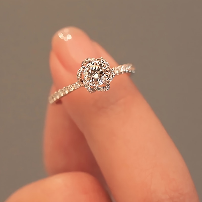 925 Sterling Silver Rose Flower Inlaid Zirconia Ring