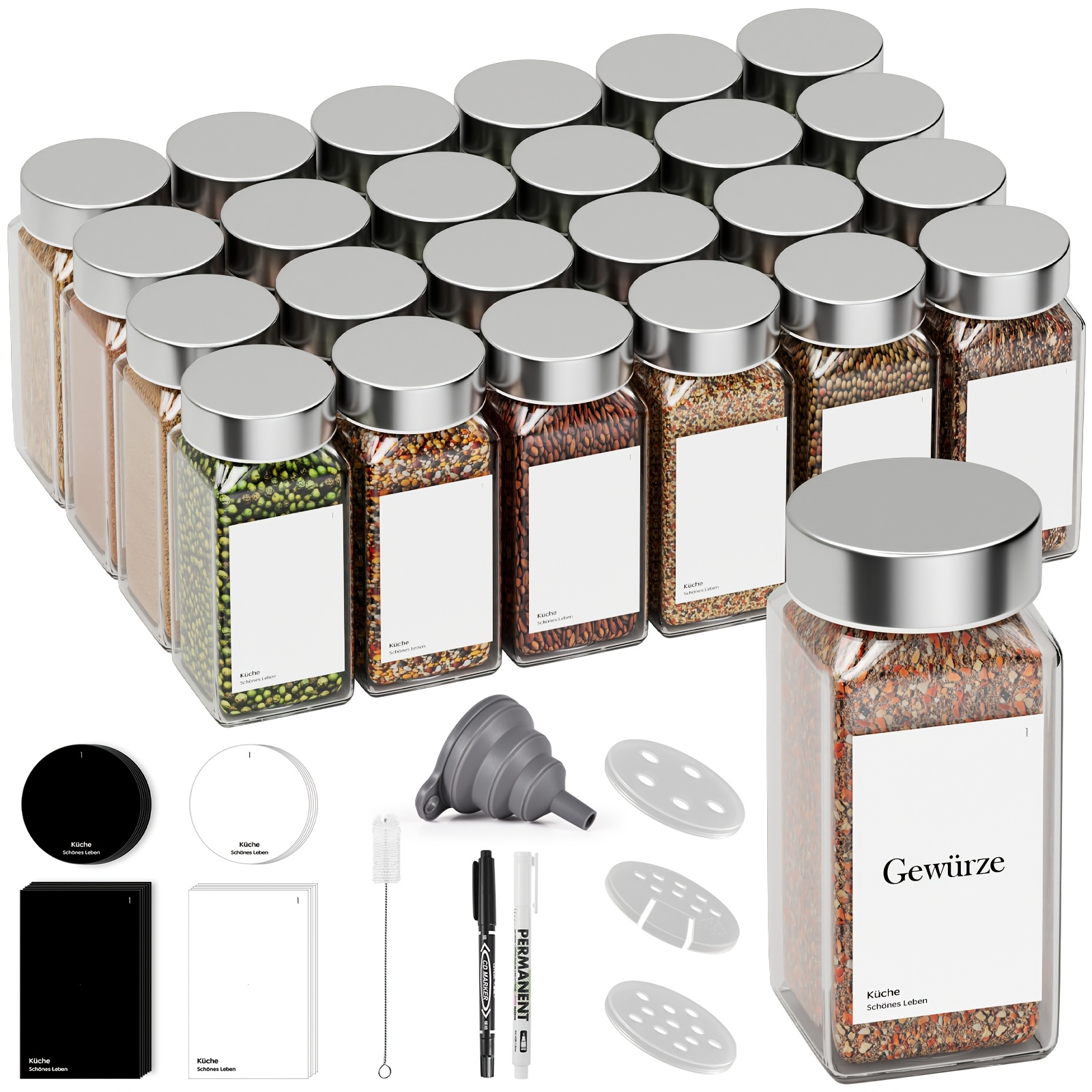 TEMU Miorkly Labeled Square Spice Jars (set Of 24), Glass, 120ml Small Spice Containers With Shaker Insert Waterproof Labels, Spice Organizer For