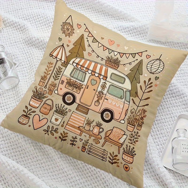 TEMU 1pc Van & Nature Scene Decorative Pillow Cover - 18x18 Inch Polyester Zipper Closure, Machine Washable Indoor/outdoor Cushion Case For